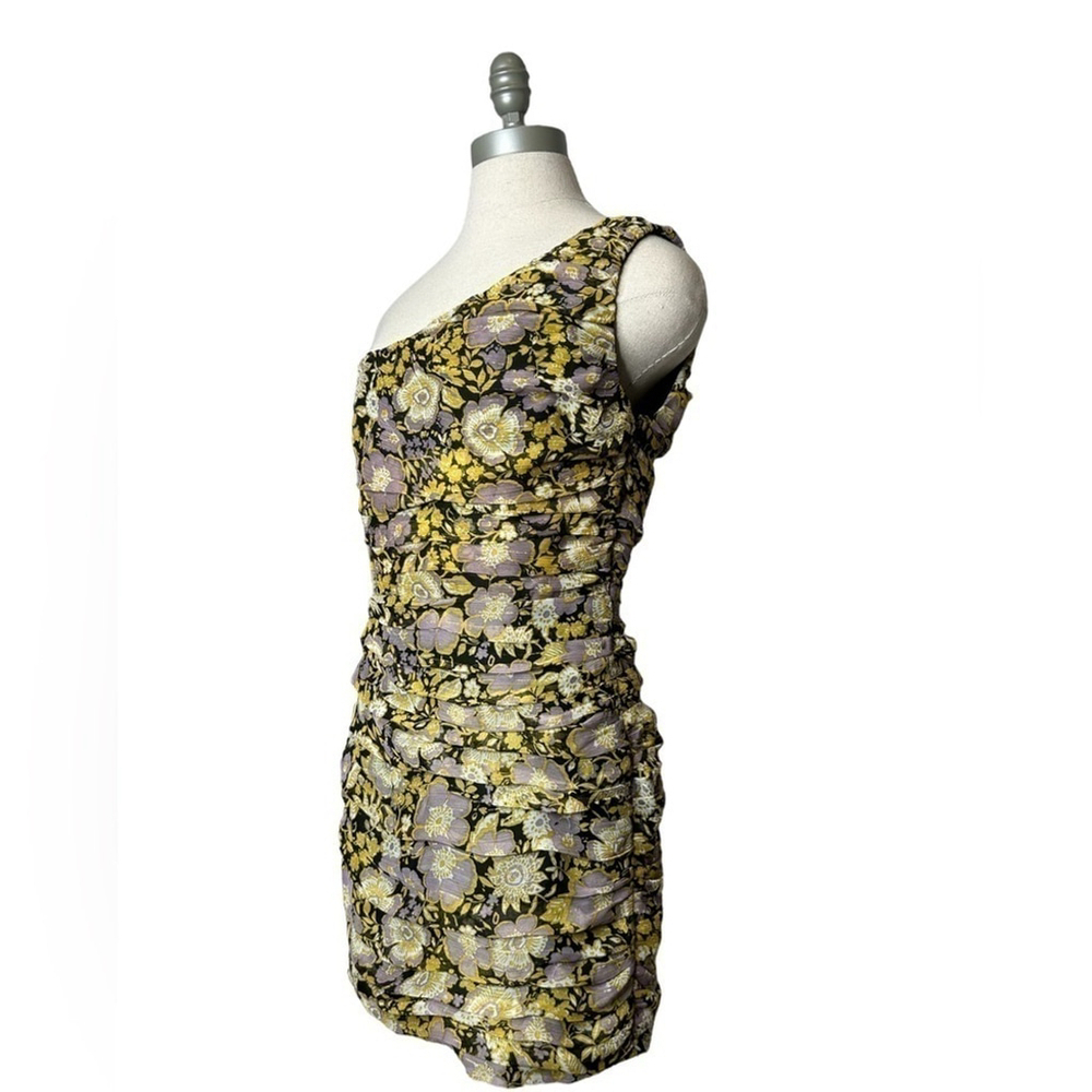 Zara Floral One Shoulder Pleated Metallic Mini Dress Party Event Size Medium - Picture 3 of 13